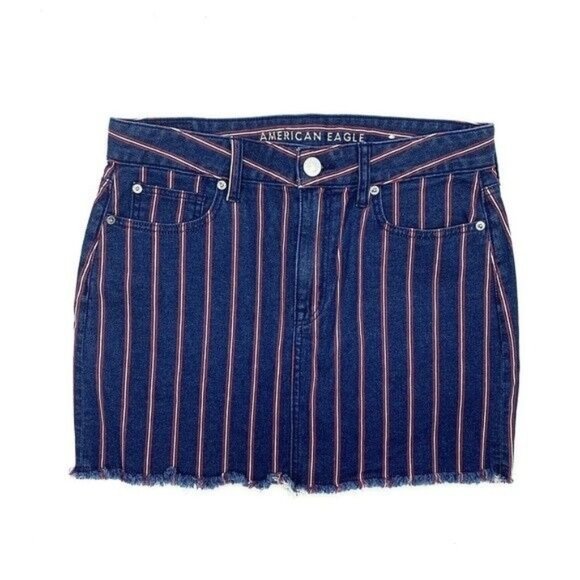 American Eagle Denim Skirt Blue Red Stripe Mini Super Stretch High Rise - Picture 3 of 9